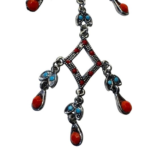 Southwestern Faux Turquoise & Coral Chandelier Brooch Silver-Tone 4 1/2" - Picture 5 of 6